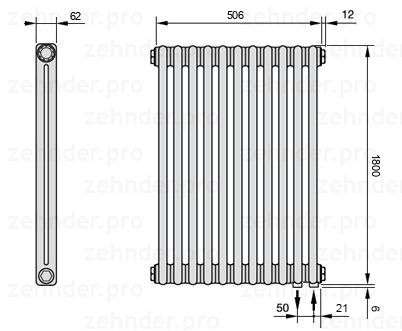 Схема (чертеж) Радиатор Zehnder Charleston 2180/11 №5510 Белый глянцевый RAL 9016